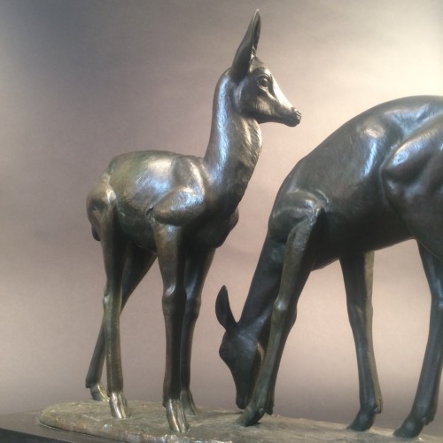 Irénée Rochard ( 1906-1984 ) "Deux Faons" Sculpture Art Déco en bronze patine verte qualitative - Circa 1930