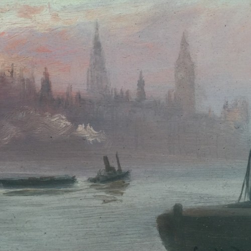 George Hyde Pownall (1866-1939) "The River Thames with a steamer, Big Ben in the distance" Pre-Raphaelite Impressionist Oil Painting