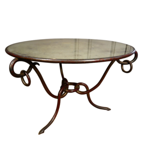 René Drouet, table basse en fer forgé Art Déco, patine or et bordeaux, 1940 