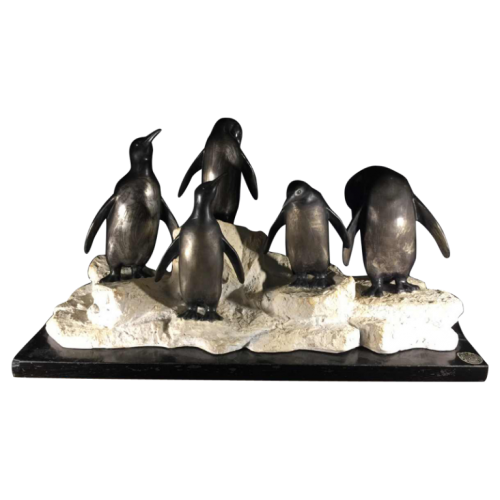 Animal Art Deco sculpture "Penguins" - metal painted and terracotta - circa 1930