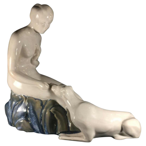 " nude woman with dog ", Art Deco ceramic sculpture, earthenware (craquelé) - circa 1930