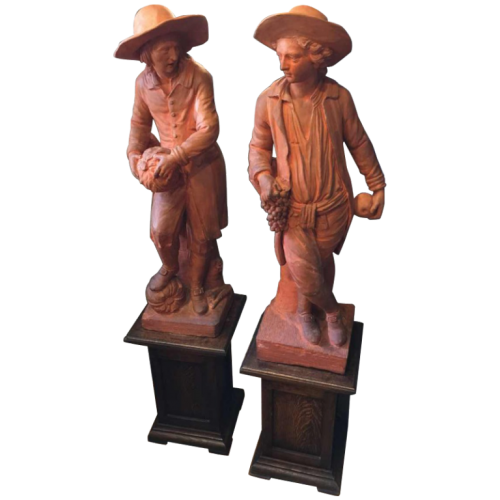 Gardeners ", pair of large terracotta sculptures, 19th century