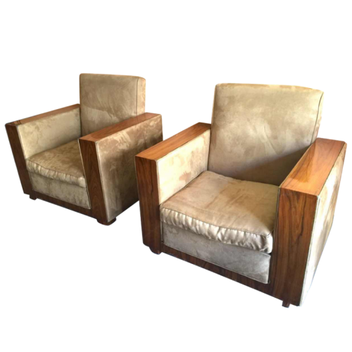 Pair of Modernist Cubist Art Deco Clubs / Armchairs, Alcantara & Walnut, circa 1930