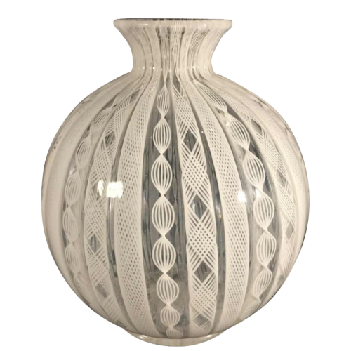 Fulvio Bianconi, Venini Murano Glass, Zanfirico filigree white ball vase, 1950/60