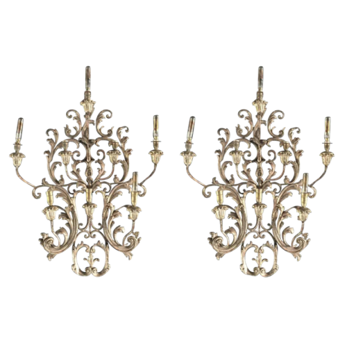 Paire de grandes appliques Louis XV rocaille italiennes, bois stuqué argenté 77cm, circa 1930