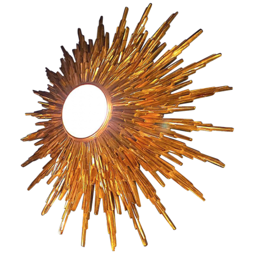 Grande applique 80cm murale soleil / miroir de sorcière " Sunburst ", résine dorée 2 niveaux, 1960