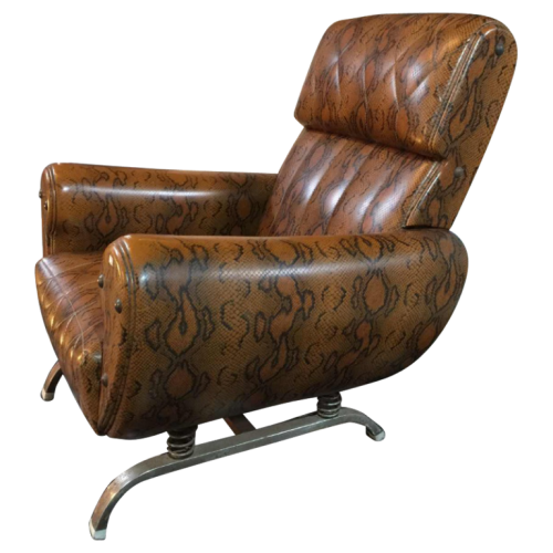 Rare vintage armchair with spring suspension, skaï snake skin serpent, circa 1950