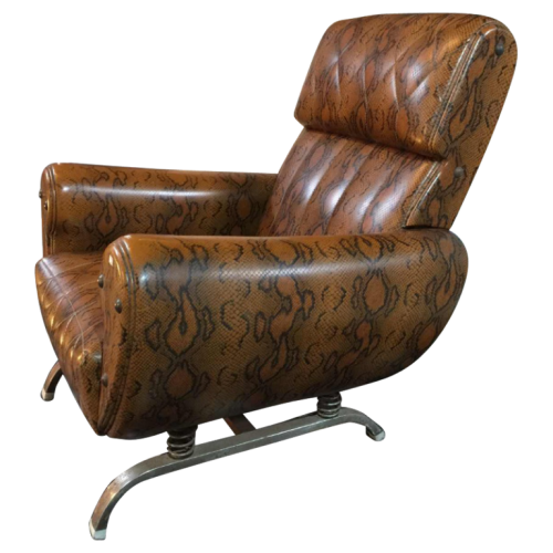 Rare fauteuil vintage à suspension sur ressorts, skaï peau de serpent, circa 1950