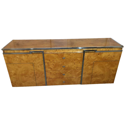 WILLY RIZZO for MARIO SABOT, Hollywood Regency Credenza Sideboard Buffet, walnut burl, circa 1970