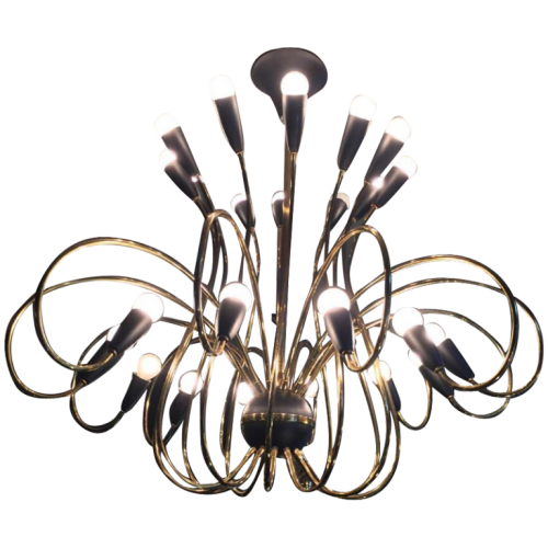 STILNOVO, Grand Lustre " Cors de Chasse " 24 Lumières, Laiton Doré et Métal Peint, circa 1950