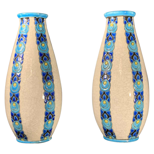 CHARLES CATTEAU pour Boch Frères KERAMIS D704 / 805, pair of Art Deco cracked / cloisonne earthenware vases, circa 1935