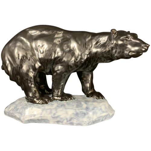 ANTOON AMORGASTI pour CERABELGA " Ours Polaire " Sculpture Art Déco Noir en Céramique, circa 1930