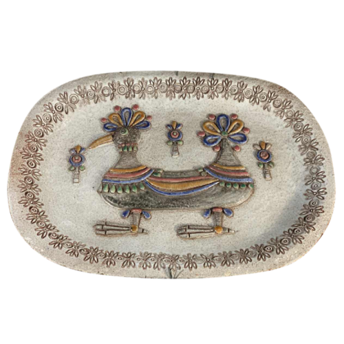 M.H. BATAILLE pour DOUR, large ceramic dish " Fantastic Bird ", ca 1960