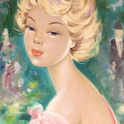 LUCIA LONGI, Portrait de jeune femme, tableau huile sur toile, circa 1950