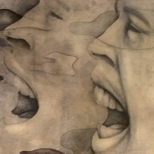 GERARD DARAN, Visages Masculins ' 3 Hommes ' tableau expressionniste, technique mixte encre-gouache, 1976