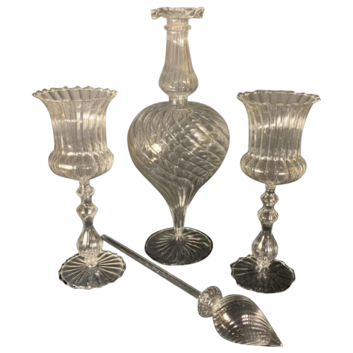 MURANO, decanter set with 6 glasses and mixer, colorless blown glass, 1980s