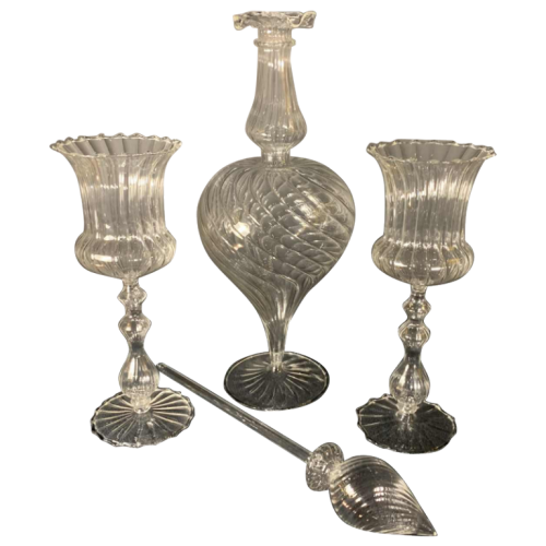 MURANO, ensemble carafe 6 verres et mélangeur, verre soufflé incolore, 1980s