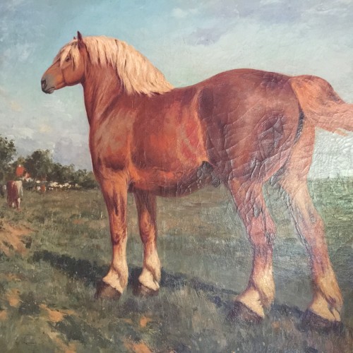 GEO BERNIER, Large Animal Painting, Oil on Canvas of a Draft Horse, ca 1900