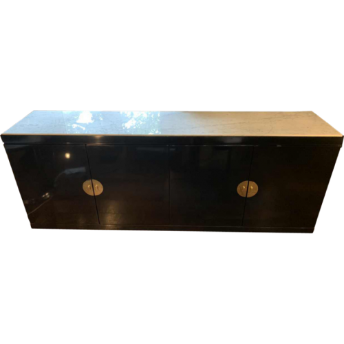 GUY LEFEVRE for MAISON JANSEN, Chinese Modern Credenza, Black Lacquered, Brass Chinoiseries, Top Marble, 1970s