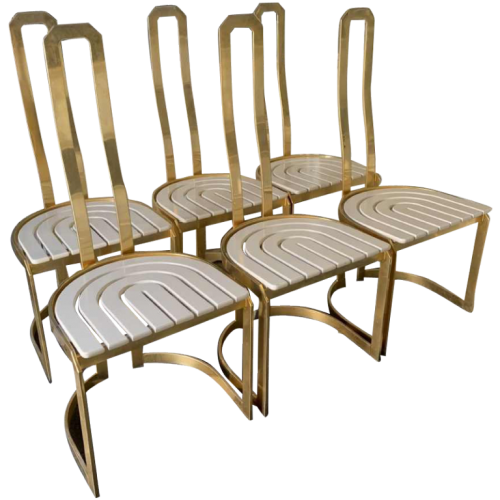 KELLY WEARSTLER " Elliott "(style), Vintage Set of 6 High Back Dining Brass Chairs 1970s