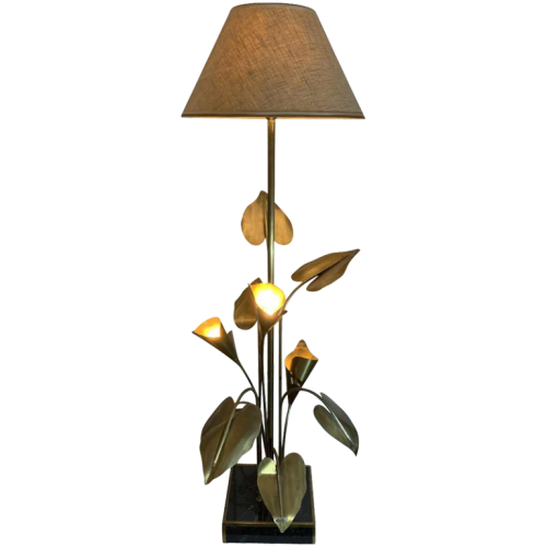 MAISON JANSEN, Grande Lampe à poser / Lampadaire " Palmier " (160cm) Fleurs Arum en laiton 1970