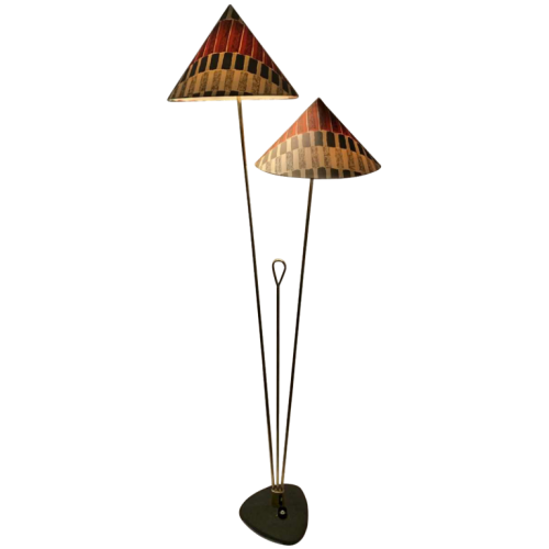 RUPERT NIKOLL, Design Golden Brass Floor Lamp, Lacquered Cast Steel Base, 1950s