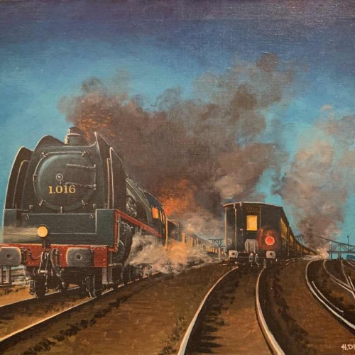 HENRI DETHIER " Train / Locomotive Type 1 SNCB " Chemin de Fer belge, Huile sur toile, 1970s