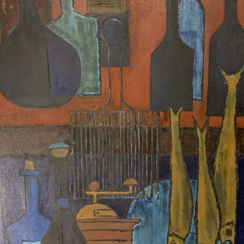 CHARLES FEREAU ' Nature Morte aux Poissons ', Huile sur toile Tableau Expressionniste, 1968