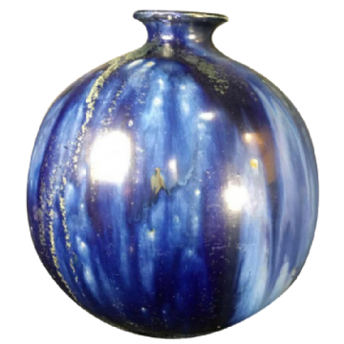 ROGER GUERIN Bouffioulx, Art Nouveau / 78/F Art Deco Blue Stoneware Ball Vase, 1920s