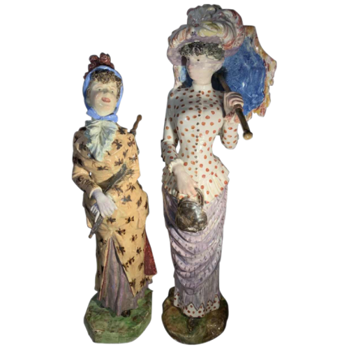 Cacciapuoti Fratelli, 2 impressionist earthware elegant women sculptures, 1881