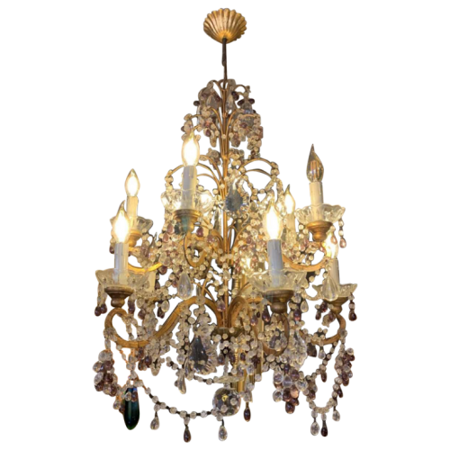 Italian beaded gold metal cage chandelier, tassels, glass garlands, fruit grapes, 1950s