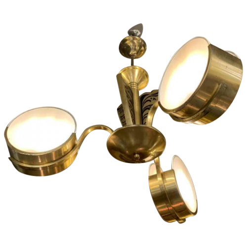 Small Modernist Art Deco gilded brass chandelier, frosted glass discs, 1940s