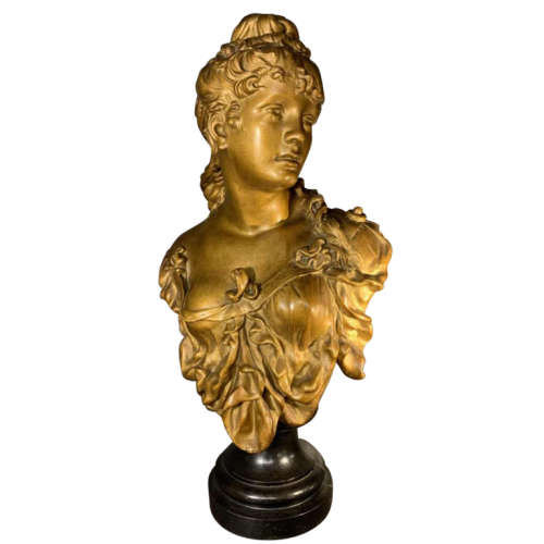 " La Blonde " A. MIRART (Paris), Grand Buste de Femme doré, Terre Cuite époque Napoléon III, 19ème siècle