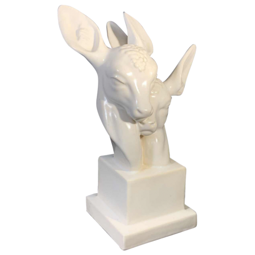 G.H. LAURENT, White Animal Sculpture Art Deco Ceramic Crackle Doe & Fawn 1930s