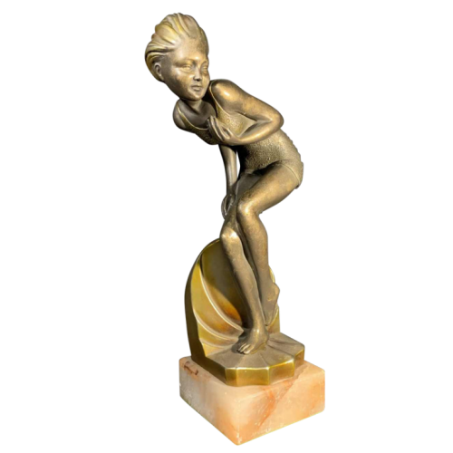 Art Deco " Swimsuit Bather " Young Girl Sculpture, Patinated Metal, Onyx Base, 1930s