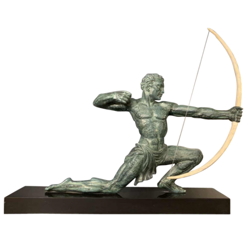 SALVATORE MELANI " Archer ", Sculpture Homme Art Déco, patine verte, 1930s