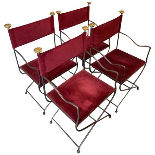 Suite of 4 Italian SAVONAROLA " CURULE " Dining Chairs / Armchairs, Wrought Iron Brass 1940s