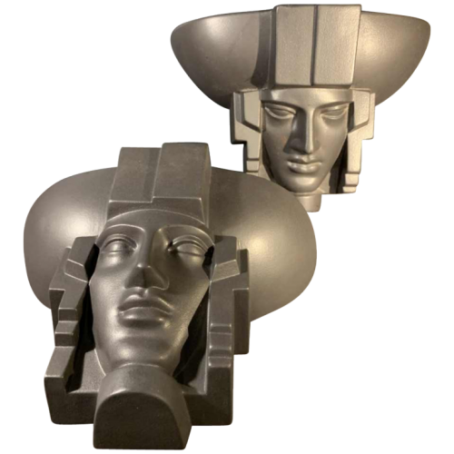 SAINT-CLEMENT, Pair of Art Deco Black Ceramic Wall Sculpture Sconces Heads Faces Women