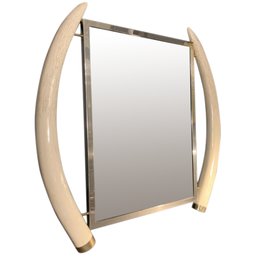 VALENTI & Co, Faux Ivory Elephant Tusk Mirror, Brass, Hollywood Regency, 1970s