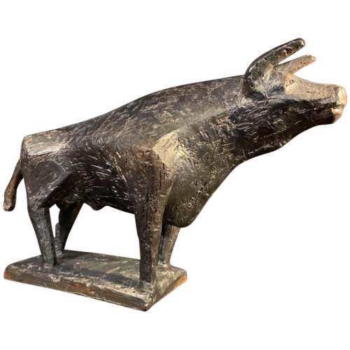MARIO PERUGGINI, Brutalist / Expressionist Glazed Stoneware " Bull " animal sculpture, 1960s