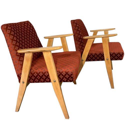 JÓZEF CHIEROWSKI, " 366 " Pair of Armchairs, Velor Fabrics, mint condition, 1960s