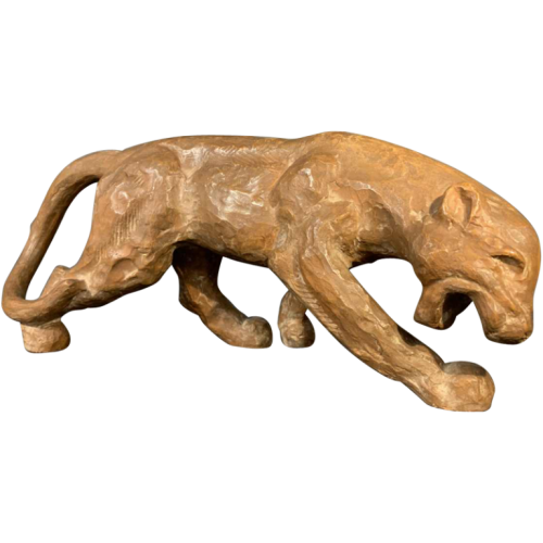 R. POLLIN, Art Deco Terracotta Panther / Lion / Lioness Sculpture, 1930s