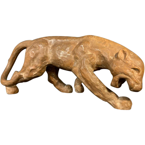 R. POLLIN, Sculpture Panthère / Lion / Lionne Art Déco en Terre Cuite, 1930s