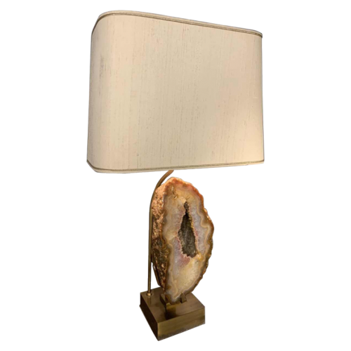 WILLY DARO, Large Agate Geode Stone Table Lamp, Bronze Brass Hollywood Regency, 1970s