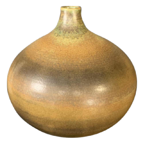 ANTONIO LAMPECCO, vase boule 21cm, céramique soliflore brun vert, 1970s