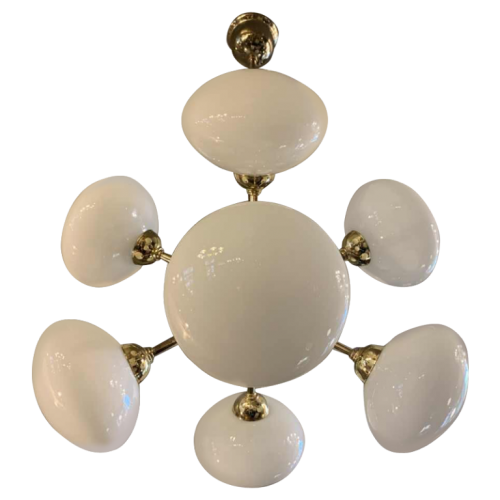 Lustre Suspension Design Sputnik, laiton doré, 8 globes boules verre opaline 70s