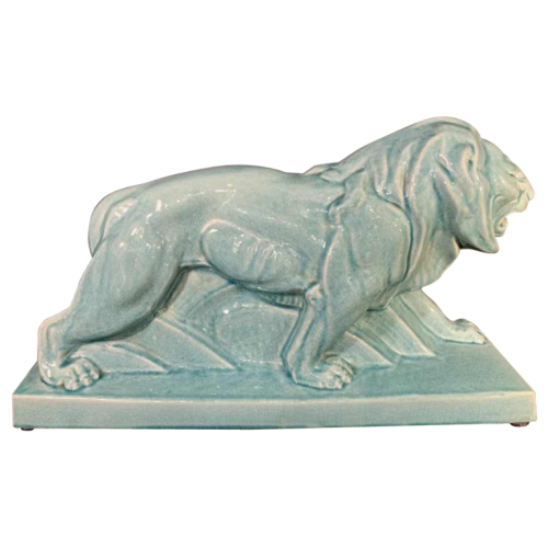 LE JAN "Lion Peugeot" Art Deco Animal Sculpture, Crackle Blue Enamel Ceramic, 1934