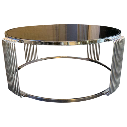 Table Basse / de Salon, Ronde Acier Chromé Verre Fumé, Design Italien, Vintage, 1970s