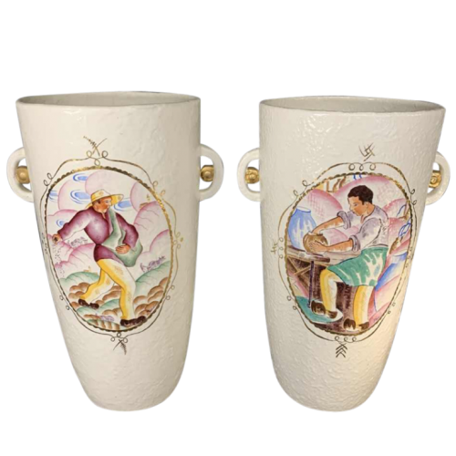 LOUIS RANDOUR Saint Ghislain, Paire de Grands Vases Uniques, Céramique Art Déco 1930s