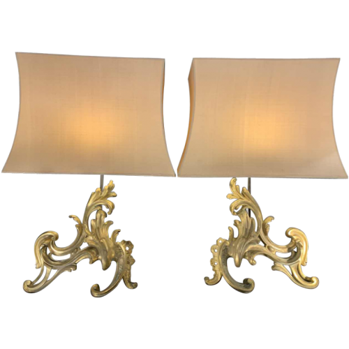 Pair of Large Louis XV Rocaille Chenets Andirons Firedogs Table Lamps, Ormolu Gilt Bronze, 18th Century